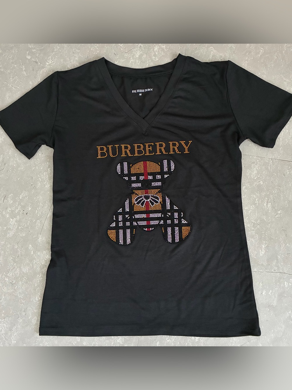 New Womens Rhinestone Luxury Vneck Black T-shirt Size M - Picture 2 of 4